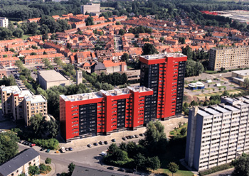 Luchtfoto van het Emiel Vergeylen gebouw in Gent